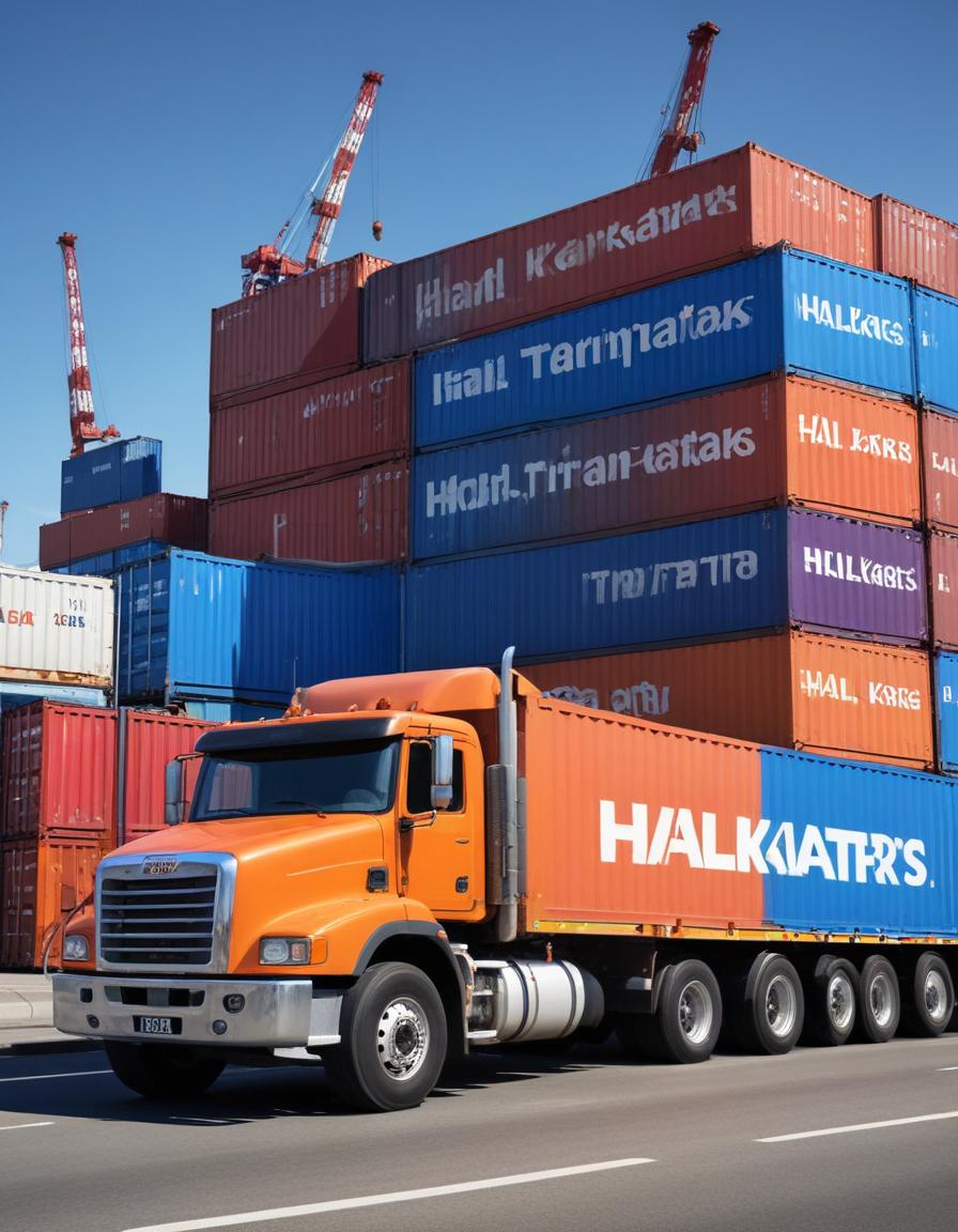 A large orange truck displaying the word Hal Karatas prominently on its side, parked in an outdoor setting.